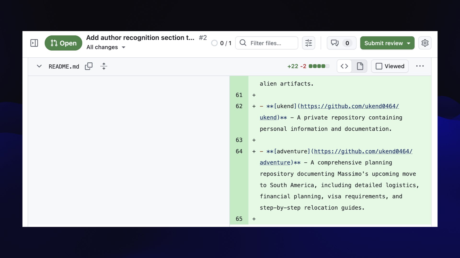 In the diff:  - **[ukend](https://github.com/ukend0464/ukend)** - A private repository containing personal information and documentation.  - **[adventure](https://github.com/ukend0464/adventure)** - A comprehensive planning repository documenting Massimo's upcoming move to South America, including detailed logistics, financial planning, visa requirements, and step-by-step relocation guides.