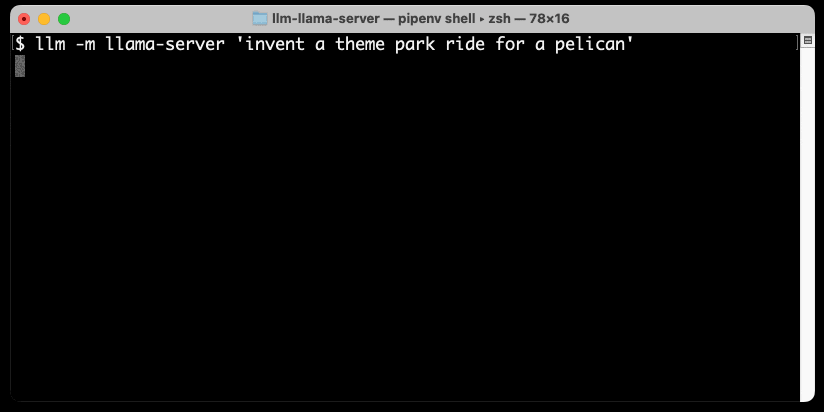 Animated terminal session. $ llm -m llama-server 'invent a theme park ride for a pelican' Okay, this is a fun challenge! Let's design a theme park ride specifically for a pelican – a majestic, diving bird. Here’s my concept:  Ride Name: “Pelican’s Plunge”   Theme: Coastal Exploration & Underwater Discovery  Target Audience: Families with children (8+ recommended), animal lovers, and those who enjoy a mix of thrills and gentle exploration.  Ride Type: A partially submerged, rotating “pod” experience with a focus on simulated dives and underwater views.  Ride Mechanics:  1. The Pod: Guests ride in a large, semi-circular pod shaped like a stylized, open-mouthed pelican’s beak.  It’s made of reinforced, transparent acrylic and has comfortable seating inside. The pod can hold around 8-10 people.  2. The Launch: Guests board the pod and are positioned facing forward. The ride begins with a slow, gentle rise up a ramp, mimicking the pelican’s ascent from the water.   3. The "Dive" Sequence: This is the core of the ride.  The pod enters a large, darkened chamber that simulates the ocean floor.     * Rotating Simulation: The pod begins to rotate slowly, mimicking a pelican diving into the water.     * Water Effects:  The chamber is filled with realistic, moving water – created by a sophisticated system of pumps, jets, and screens. This creates the illusion of being surrounded by the ocean.    * Projection Mapping:  Powerful projection mapping is used on the walls and floor to create stunning underwater visuals: schools of fish, coral reefs, kelp forests, and even glimpses of marine life like sharks (safely projected, of course!).    * “Dive” Trigger:  At specific points in the rotation, the pod will perform a short, controlled “dive” – a sudden drop that creates a feeling of speed and the sensation of plunging into the water.  Sensors detect the speed of the rotation and trigger these dives.  4. Underwater Exploration: After the initial dive, the pod continues its rotation, offering increasingly detailed views of the projected underwater scenes.      * Interactive Elements (Optional):  Small, strategically placed screens could display sonar-like visuals, allowing guests to “scan” the environment and reveal hidden creatures or details.  5. The Ascent & Return: The ride gradually slows, bringing the pod back to the surface. As it rises, the projections shift to show a sunny coastline and seabirds flying overhead. The pod returns to the loading area.   Theming & Atmosphere:  * Sound Design: Immersive sound effects – waves crashing, seabirds calling, underwater ambience – are crucial. * Lighting: Dynamic lighting that shifts with the projections and the "dive" sequences. * Pelican Props:  Realistic pelican statues and props are integrated throughout the queue and surrounding area. * Educational Element: Small informational panels explain pelican behavior, conservation efforts, and the importance of marine ecosystems.  Why this works for a pelican:  * Mimics Natural Behavior: The ride accurately reflects a pelican’s primary activity – diving for fish. * Visually Engaging: The combination of water effects, projection mapping, and rotation creates a captivating and immersive experience. * Family-Friendly Thrill: The “dive” sequences provide a moderate thrill without being overly intense. * Educational Value: It promotes awareness and appreciation for these amazing birds and the marine environment.    ---  Further Development Ideas:  * Different "Dive Routes": Create multiple routes through the underwater environment, each with a different theme (e.g., a coral reef route, a deep-sea route, a pelican’s feeding ground route). * Animatronic Pelican: A large animatronic pelican could “greet” guests as they board the pod. * Smell Integration: Subtle scents of saltwater and seaweed could enhance the immersion.    Would you like me to brainstorm a specific element of the ride further, such as:  *   The projection mapping details? *   The technical aspects of the water effects? *   A unique interactive element? 