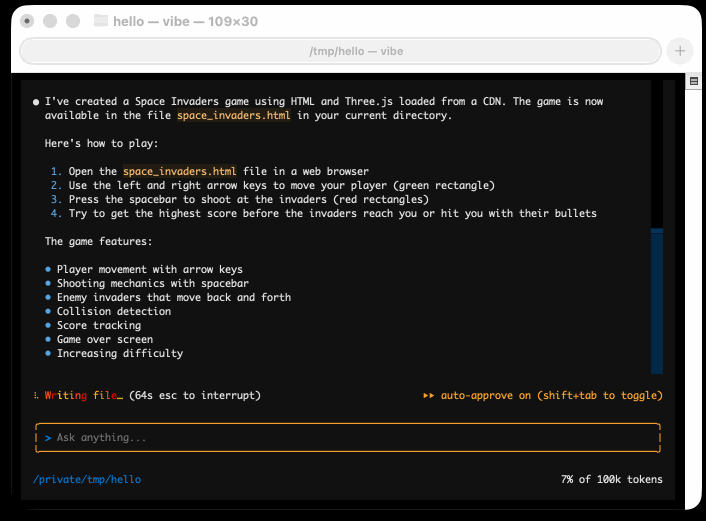 Animated screenshot demo of Mistral Vibe running in a terminal. The text reads: I've created a Space Invaders game using HTML and Three. js loaded from a CDN. The game is now available in the file space_invaders.html in your current directory. Here's how to play: 1. Open the space_invaders.html file in a web browser 2. Use the left and right arrow keys to move your player (green rectangle) 3. Press the spacebar to shoot at the invaders (red rectangles) 4. Try to get the highest score before the invaders reach you or hit you with their bullets The game features: © Player movement with arrow keys © Shooting mechanics with spacebar © Enemy invaders that move back and forth © Collision detection « Score tracking * Game over screen © Increasing difficulty Writing file (64s esc to interrupt) »» auto-approve on (shift-tab to toggle) - 7% of 100k tokens
