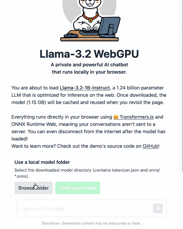GIF. I follow the setup instructions, clicking to load a local model and browsing to the correct folder. Once loaded the model shows a chat interface, I run the example about time management which returns tokens at about 10/second.