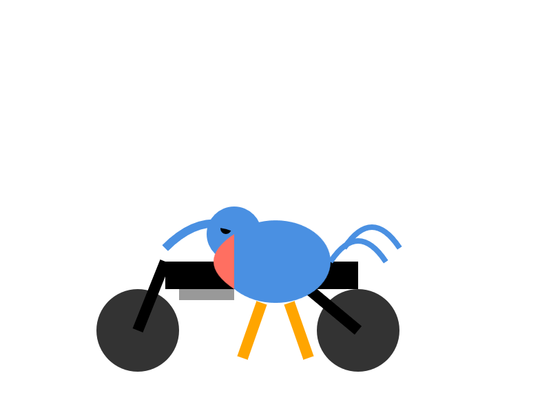 The pelican is blue and looks a little like a sad elephant. The bicycle looks more like a flat motorbike. The pelican has a blue tail and orange legs.