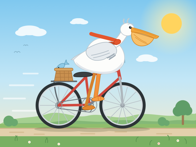 Flat vector illustration: a white pelican with an orange beak and orange legs rides a red bicycle along a sandy path, a wicker basket on the handlebars holding a blue fish, with green rolling hills, a small tree and bushes, white clouds and a bright yellow sun in a blue sky behind it