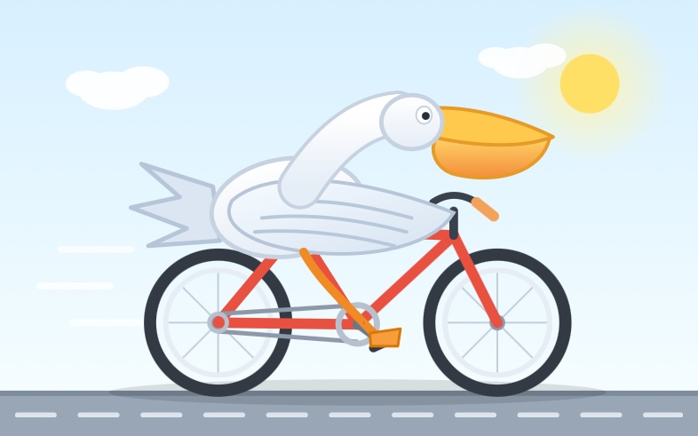 Flat vector cartoon illustration of a white pelican with a large orange bill riding a red bicycle to the right along a grey road with a dashed white centre line, its orange webbed feet on the pedals and grey tail feathers fanned out behind, against a pale blue sky with a yellow sun, white clouds and horizontal white motion lines suggesting speed