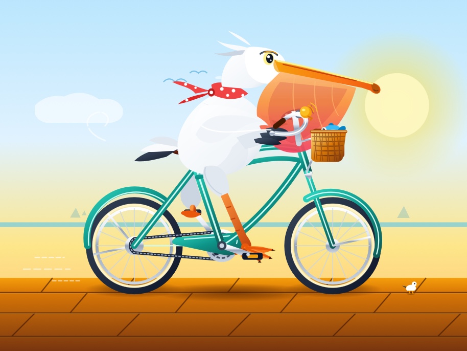Description by Gemini 3.8 Flash: Digital illustration of a cartoon pelican wearing a red and white polka-dot scarf riding a teal cruiser bicycle along a wooden boardwalk by the beach, with a small blue fish in the front basket and a glowing sun over the ocean.