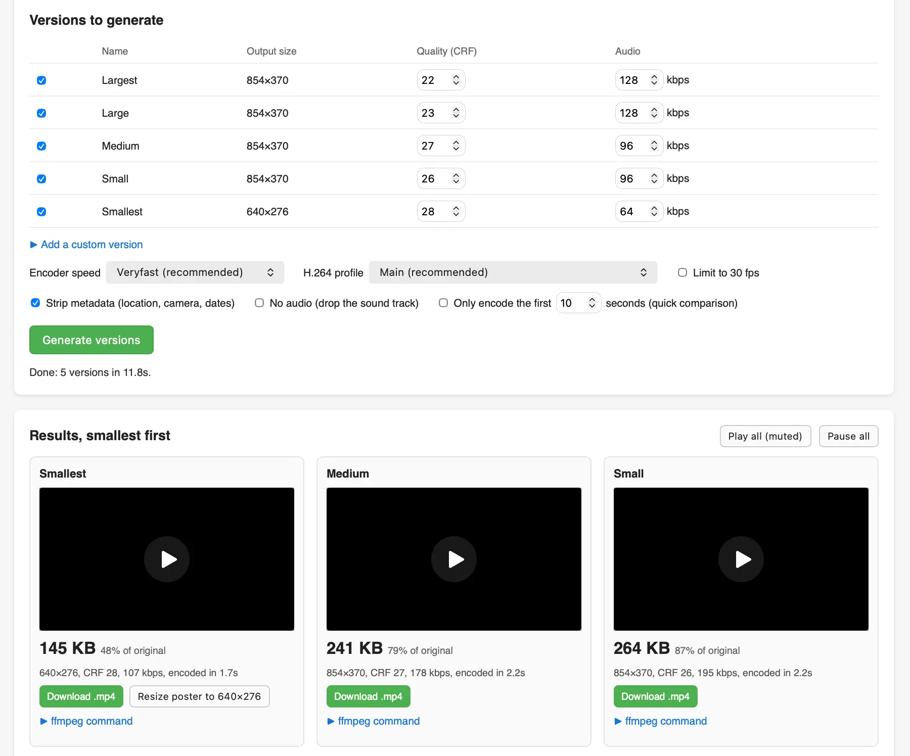 Screenshot of a video compression web tool. Under "Versions to generate" is a table of five presets (Largest, Large, Medium, Small, Smallest) with output sizes of 854×370 or 640×276, CRF quality setti