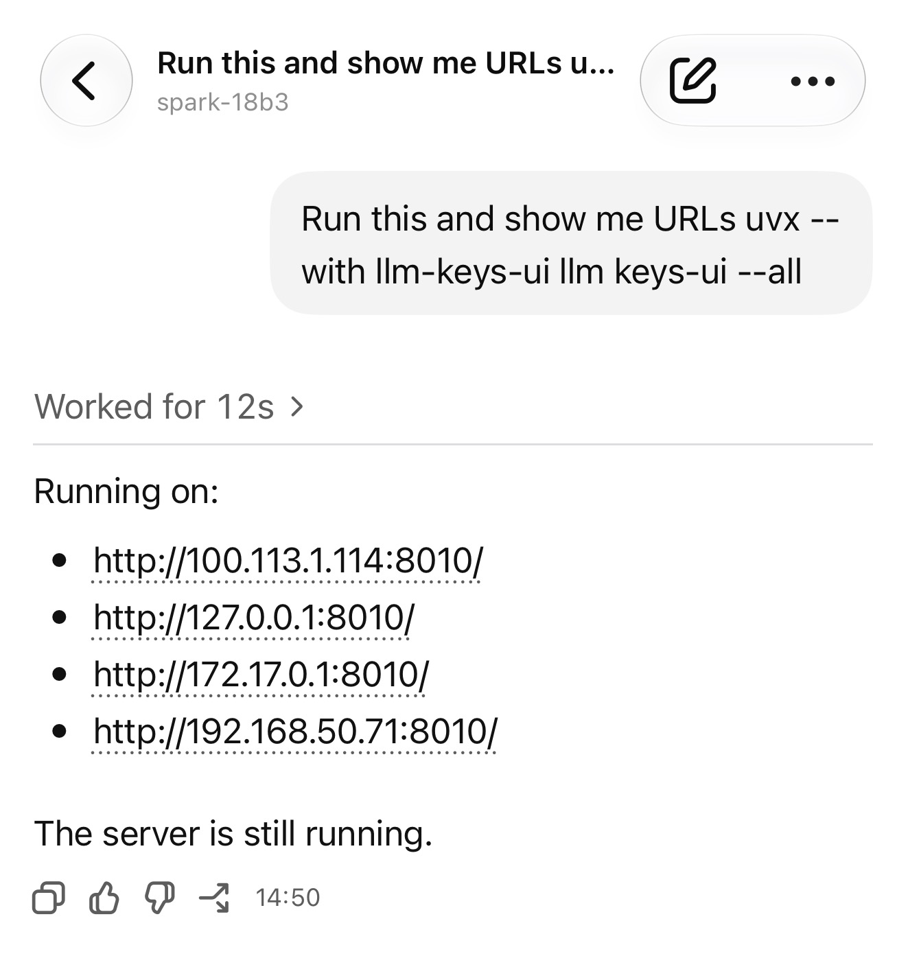 Chat conversation requesting uvx --with llm-keys-ui llm keys-ui --all, with a response listing four server URLs on port 8010 and confirming the server is still running.