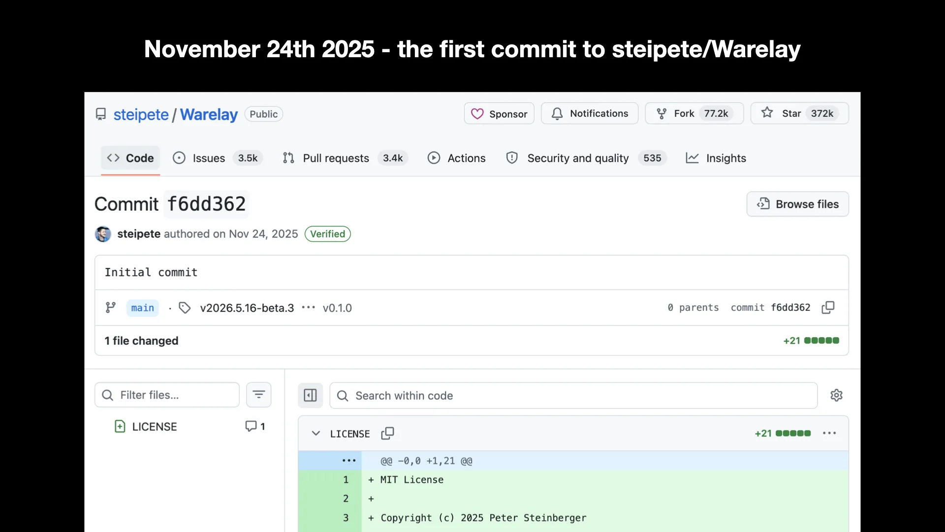 November 24th 2025 - the first commit to steipete/Warelay. A GiHub commit adding an MIT license file.