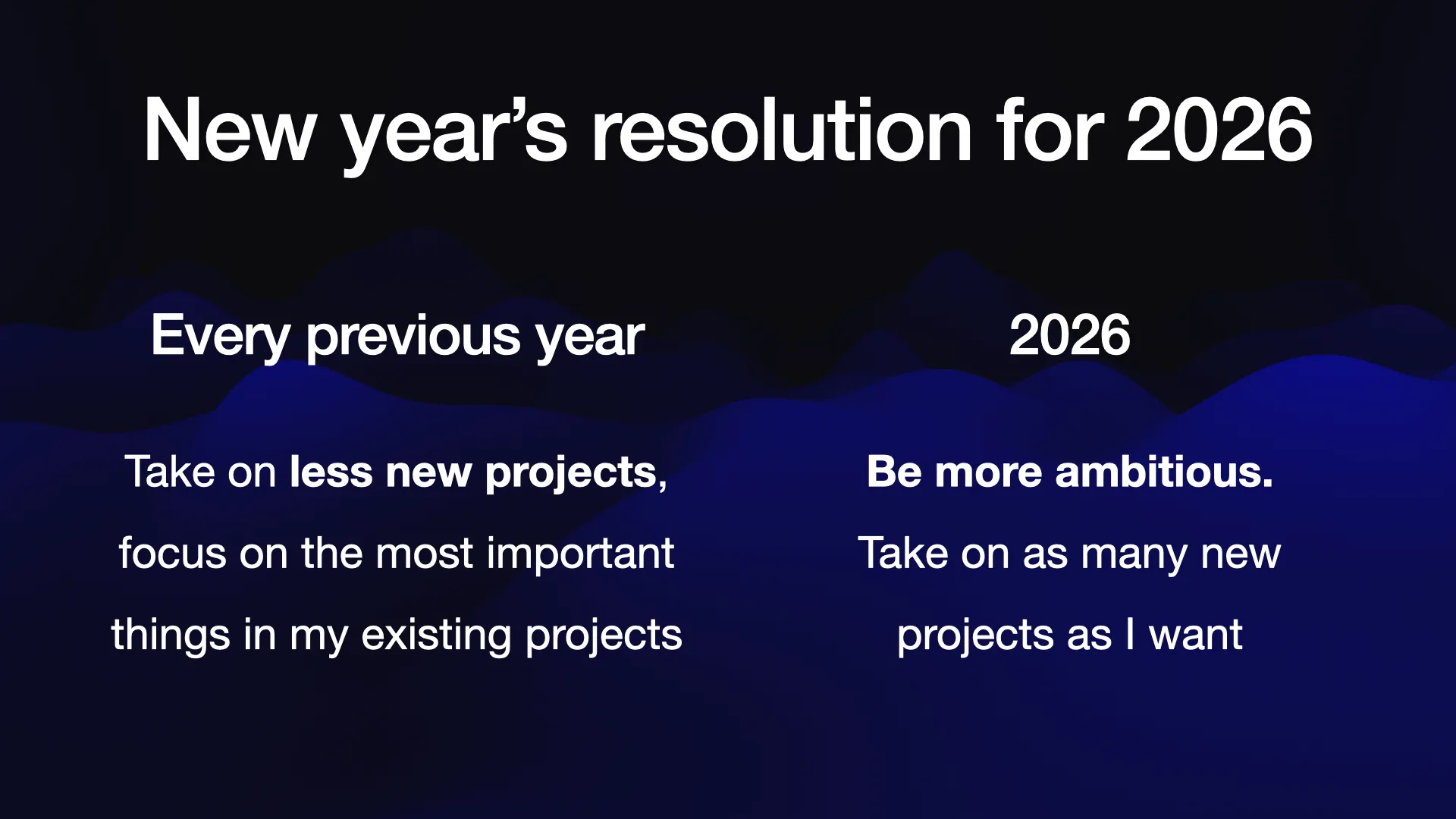 2026: Be more ambitious. Take on as many new projects as I want.