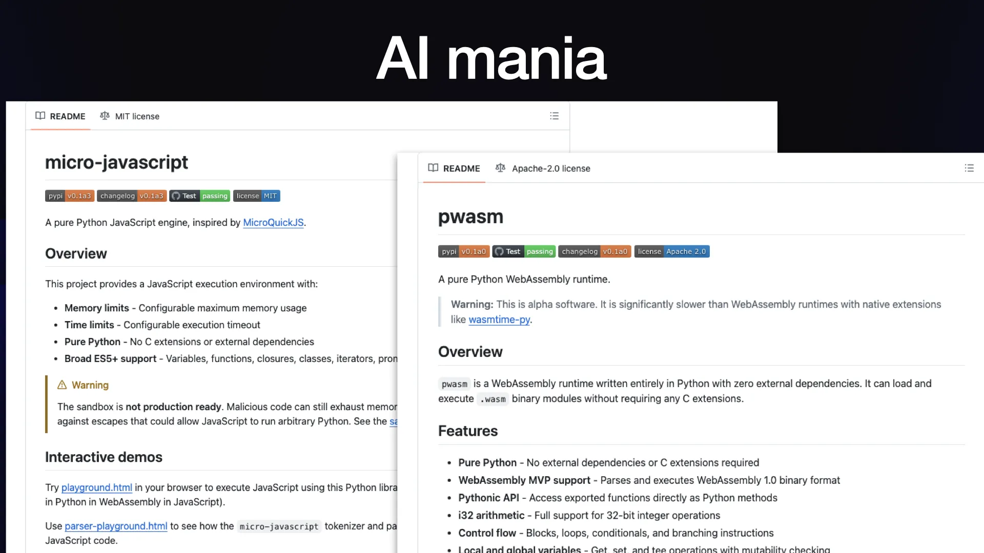 AI mania  Screenshots of the micro-javascript and pwasm GitHub README files.
