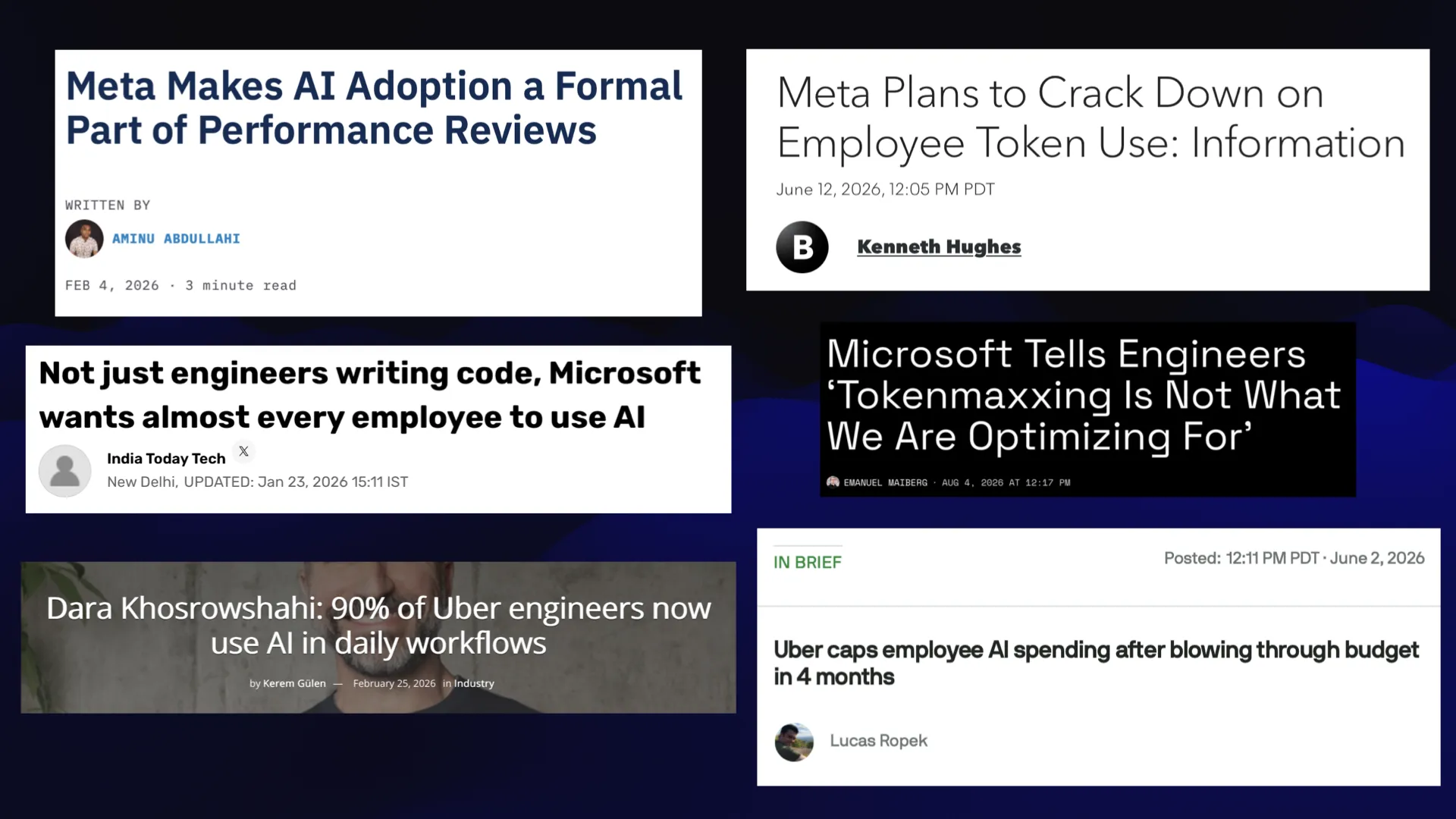 More headlines:   Meta Plans to Crack Down on Employee Token Use: Information  Microsoft Tells Engineers: Tokenmaxxing is not what we are optimizing for  Uber caps employee AI spending after blowing through budget in four months