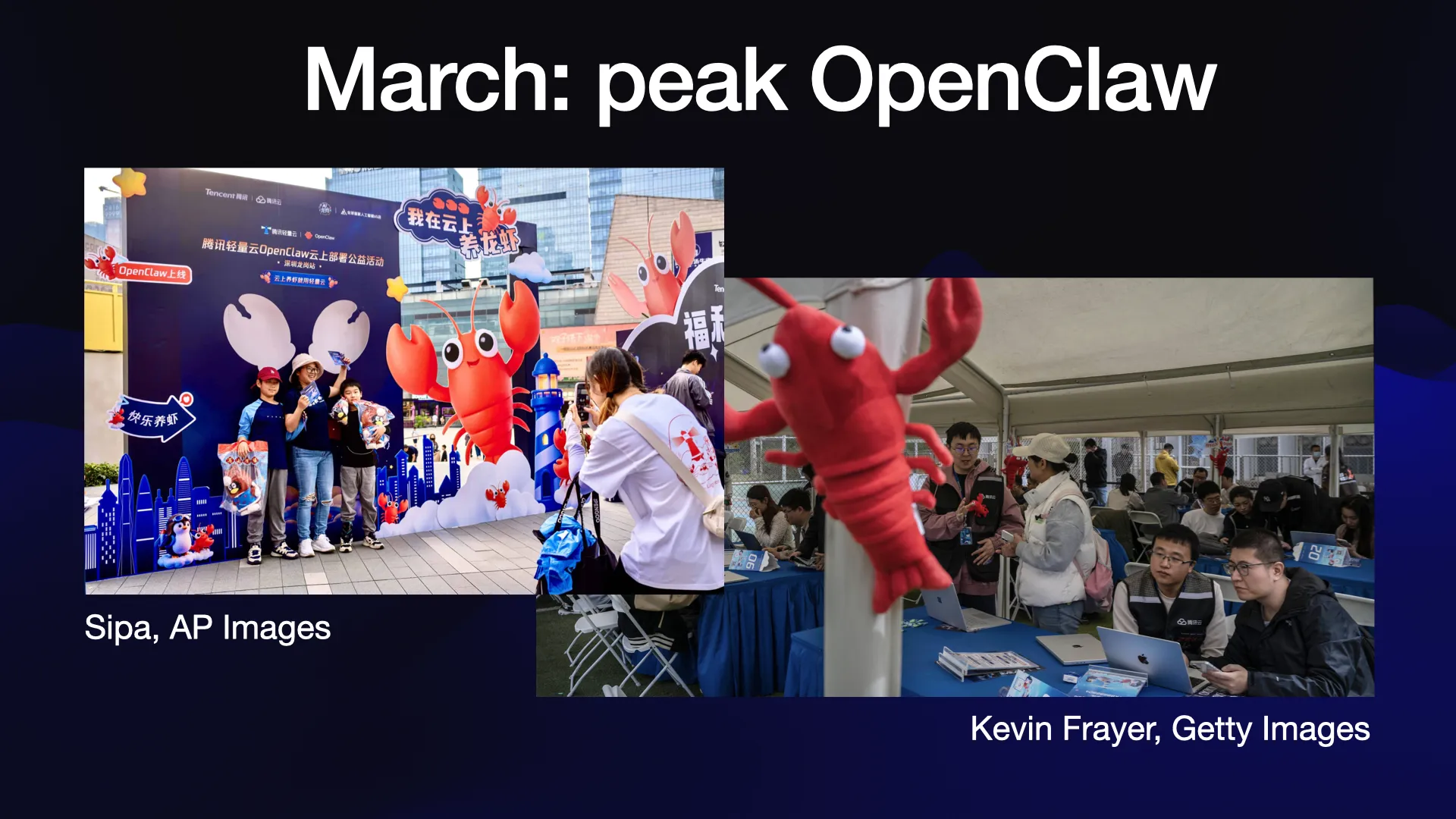 March: peak OpenClaw  Photos of people in china queuing up to install OpenClaw, with big fluffy lobsters.