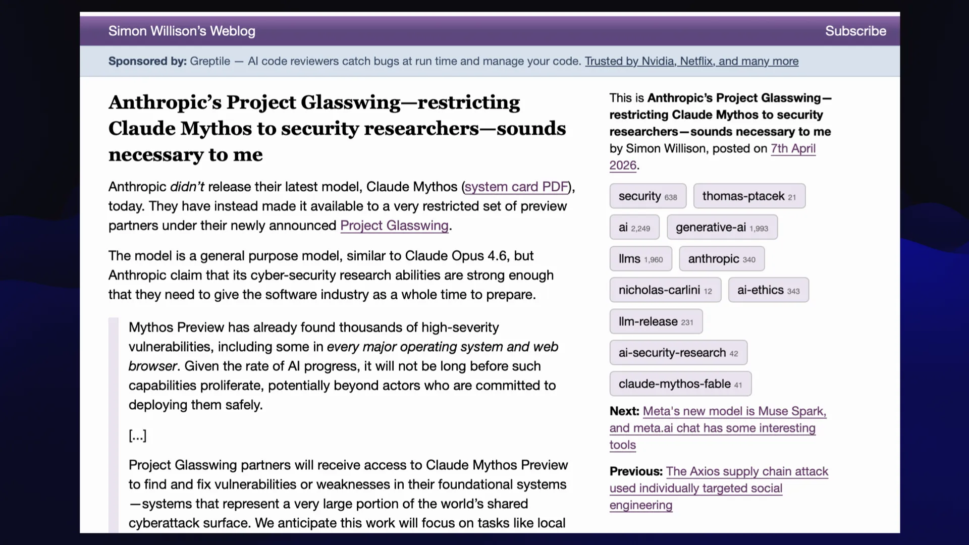 Simon Willison’s Weblogs - screenshot of the post "Anthropic’s Project Glasswing—restricting Claude Mythos to security researchers—sounds necessary to me" from April 7th 2026