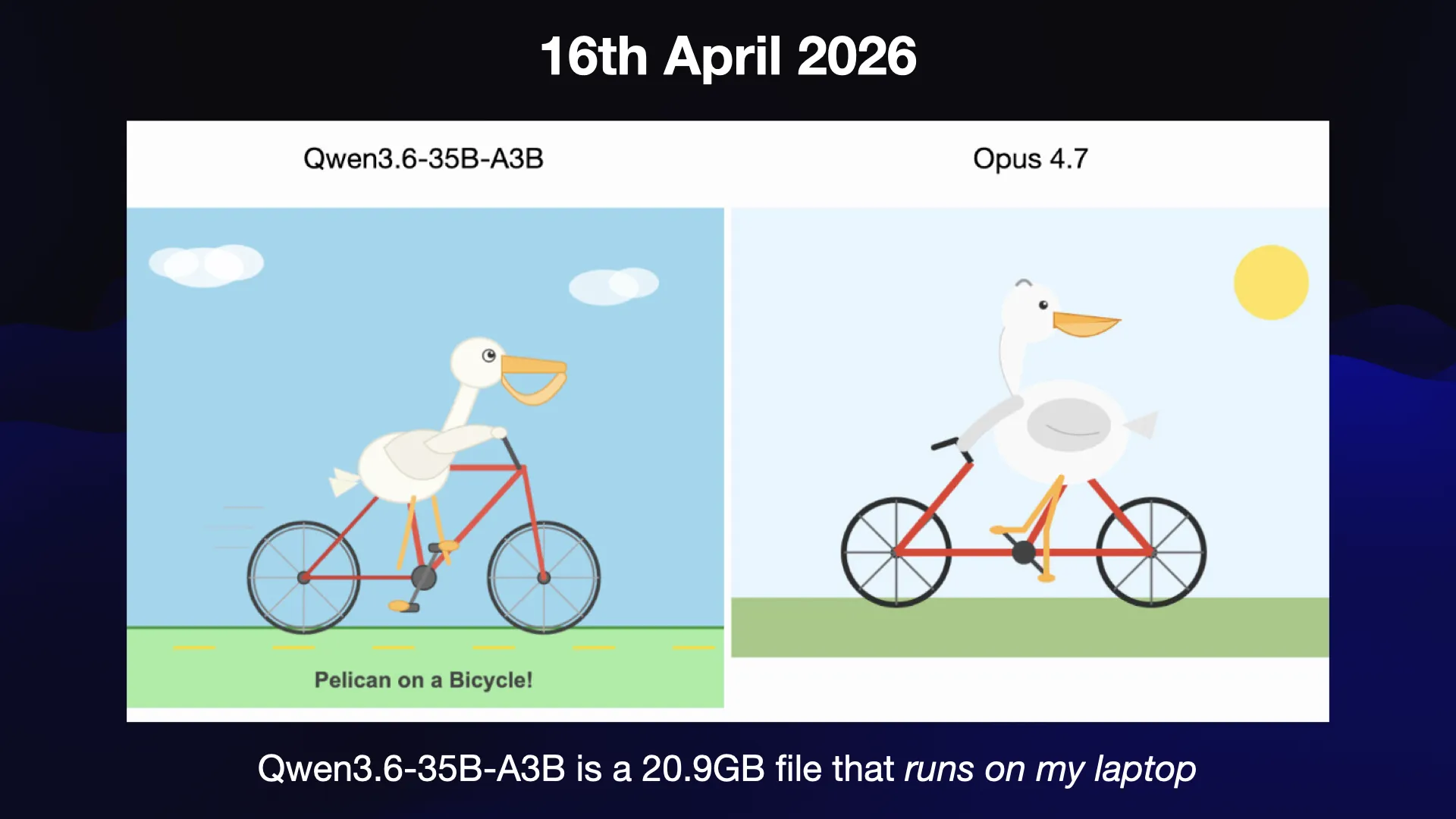 16th April 2026 Qwen3.6-35B-A3B and Opus 4.7  Qwen's pelican has a correct bicycle frame and a good beak. Opus 4.7's bicycle frame is still junk.  Qwen3.6-35B-A3B is a 20.9GB file that runs on my laptop Xx = / - 4'P Se \ J / Pelican on a Bicycle! Qwen3.6-35B-A3B is a 20.9GB file that runs on my laptop 