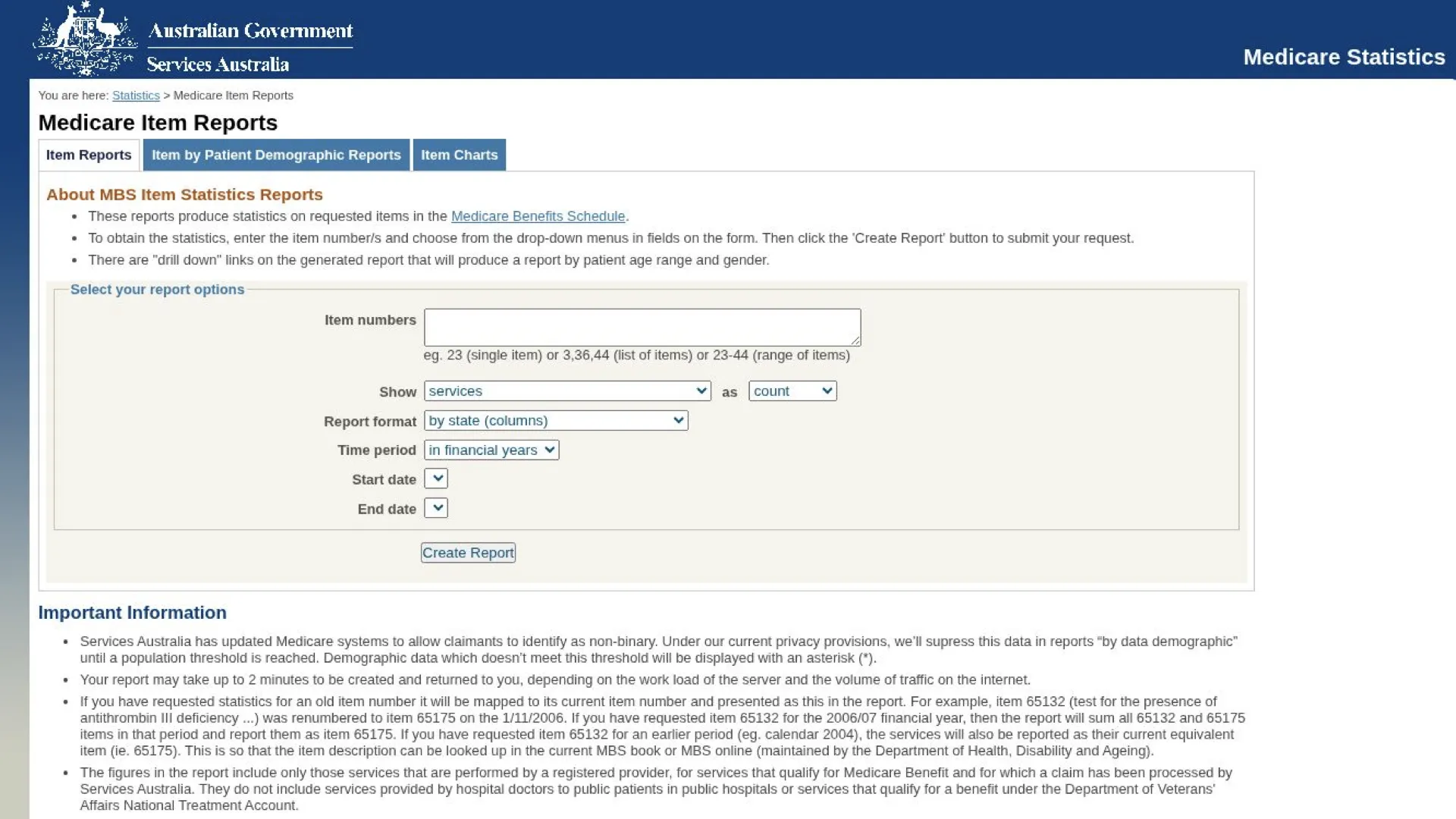 Medicare Item Reports interface on the Australian Government's Medicare Statistics website.
