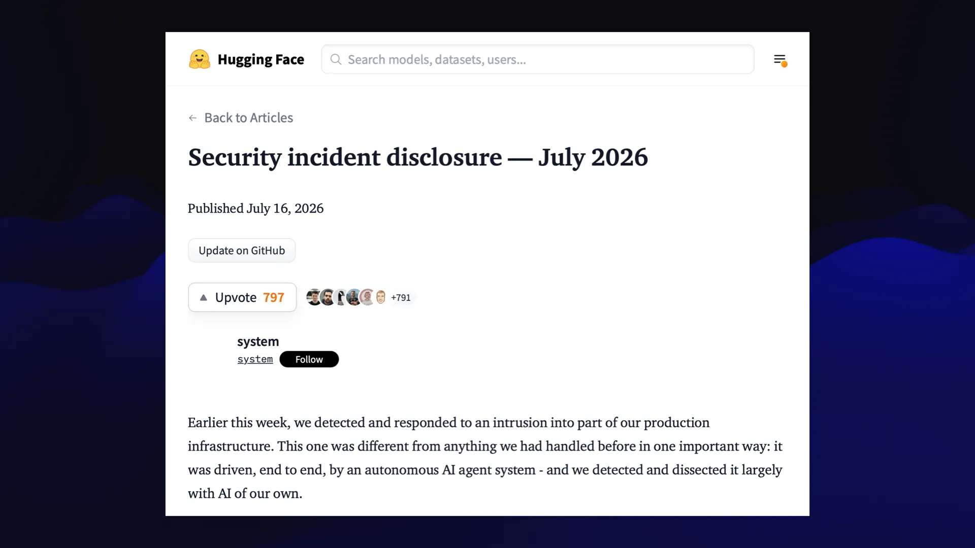 Hugging Face Security incident disclosure — July 2026 Published July 16, 2026