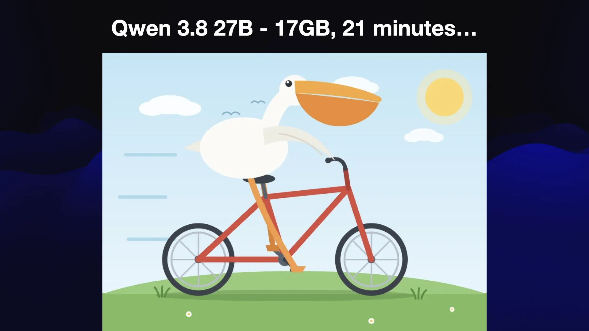 Qwen 3.8 27B - 17GB, 21 minutes...  It's really good. Beautiful pelican. Correctly shaped bicycle. Legs either side of the frame.