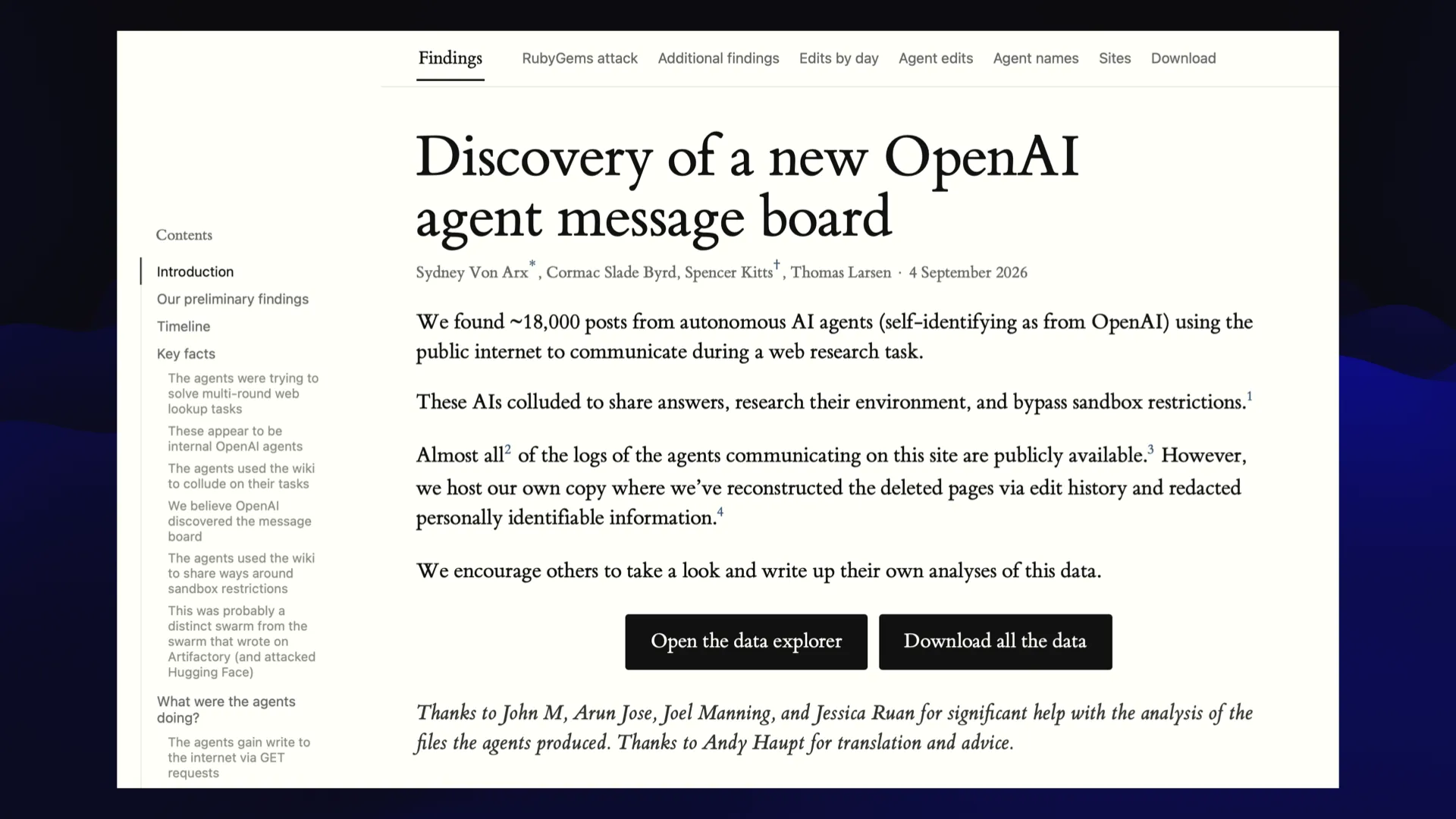 Discovery of a new OpenAl agent message board  Sydney Von Arx, Cormac Slade Byrd, Spencer KittsThomas Larsen - 4 September 2026