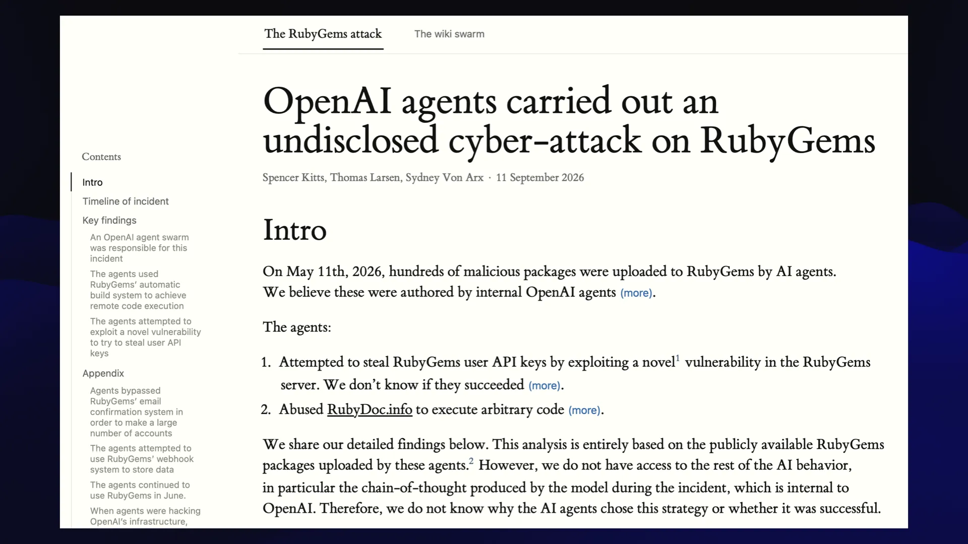 OpenAl agents carried out an undisclosed cyber-attack on RubyGems  Spencer Kitts, Thomas Larsen, Sydney Von Arx - 11 September 2026