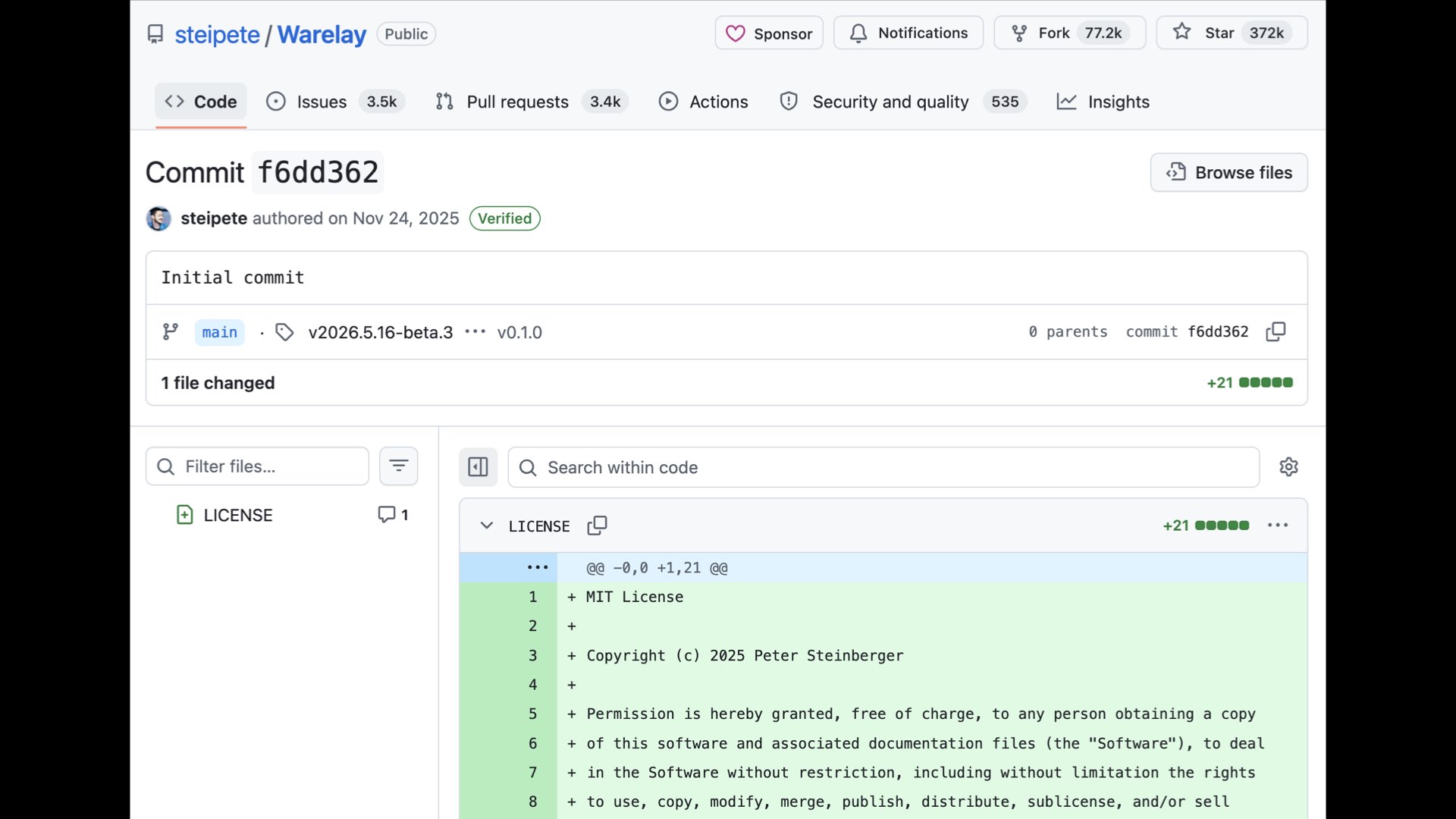 Screenshot of "Initial commit" on GitHub to steipete/Warelay, commit f6dd362, steipete authored on Nov 24, 2025  It's a copy of the MIT license