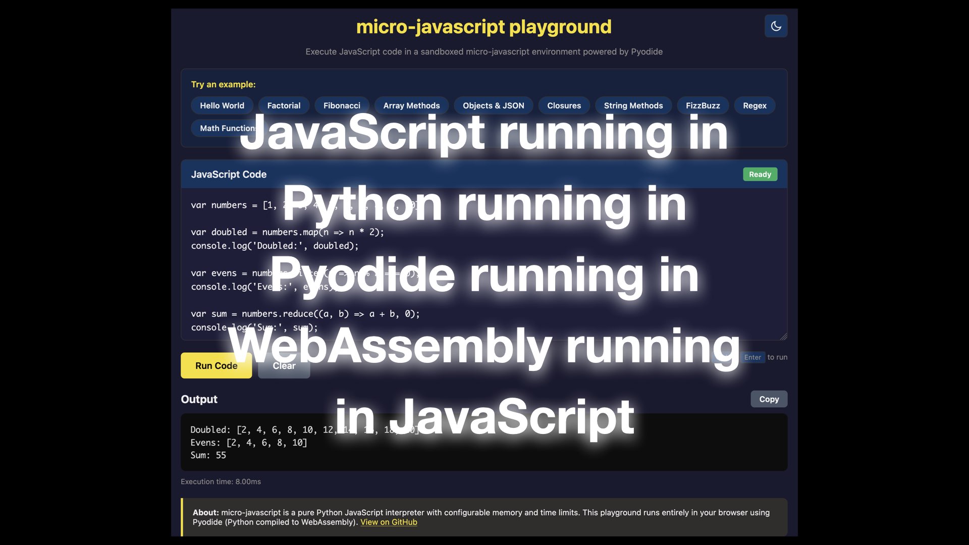 JavaScript running in Python running in Pyodide running in WebAssembly running in JavaScript