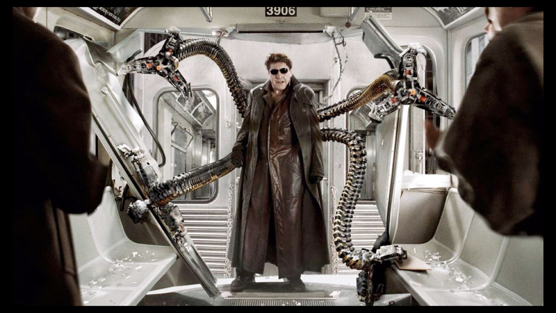 Alfred Molina's Doc Ock in Spider-Man 2, tearing apart a New York subway train with his four claws.