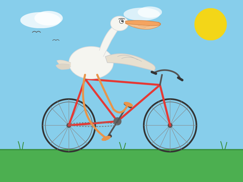 Bicycle has spokes, a chain and a correctly shaped frame. Handlebars are a bit detached. Pelican has wing on the handlebars, weirdly bent legs that touch the pedals and a good bill. Background details are pleasant - semi-transparent clouds, birds, grass, sun.