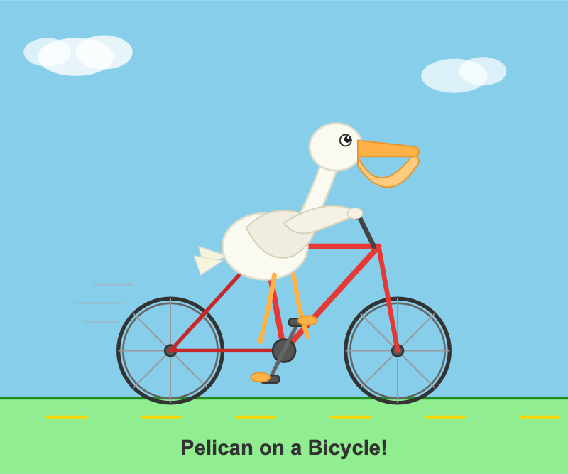The bicycle frame is the correct shape. There are clouds in the sky. The pelican has a dorky looking pouch. A caption on the ground reads Pelican on a Bicycle!