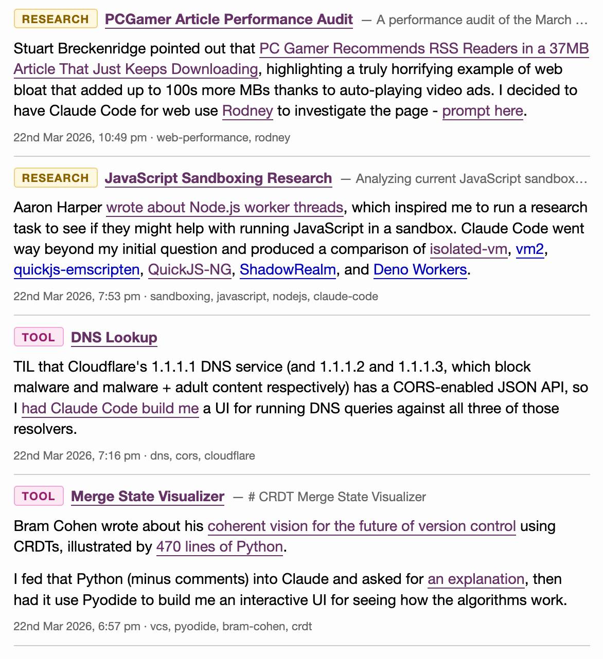 Screenshot of part of my blog homepage showing four "beats" entries from March 22, 2026, each tagged as RESEARCH or TOOL, with titles like "PCGamer Article Performance Audit" and "DNS Lookup", now annotated with short descriptive notes explaining the context behind each linked item.