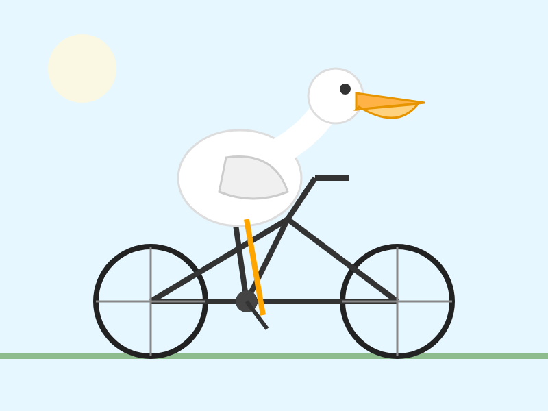 Cartoon illustration of a white duck with an orange beak riding a black bicycle, against a light blue sky with a pale yellow sun in the upper left and a green ground line at the bottom.