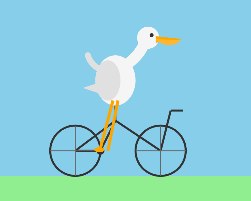 Flat-style cartoon illustration of a white duck with an orange beak and legs riding a black bicycle, its feet on the pedals, against a blue sky and green grass background.