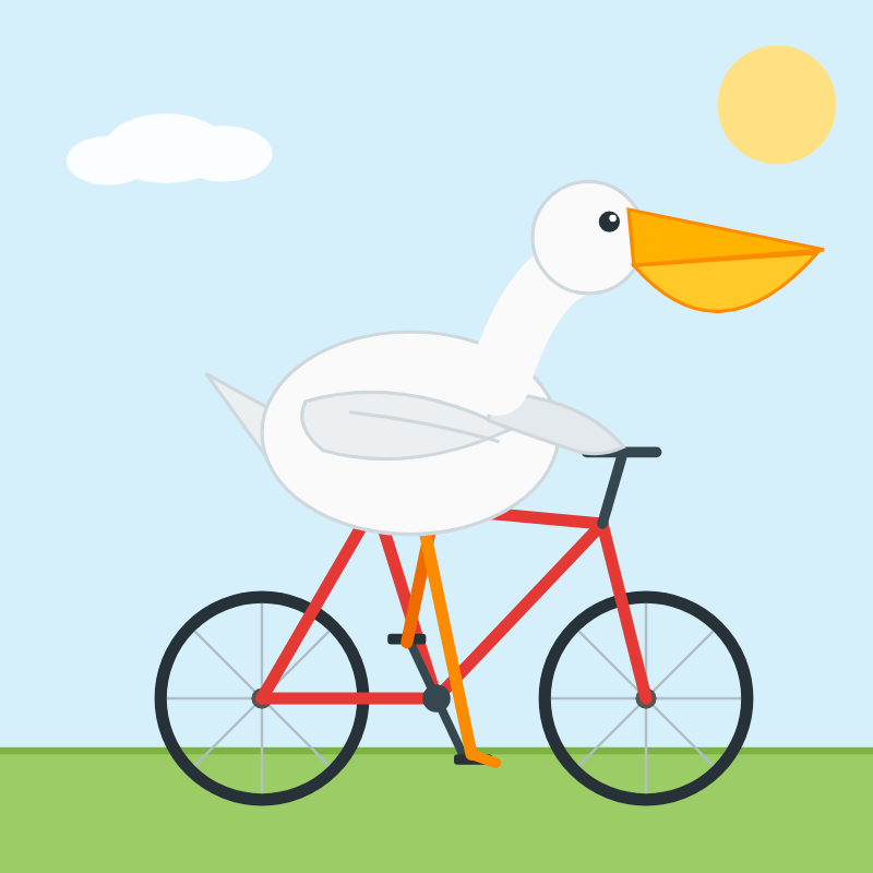 Cartoon illustration of a white pelican with an orange beak riding a red bicycle on green grass, against a light blue sky with a fluffy white cloud and a yellow sun.