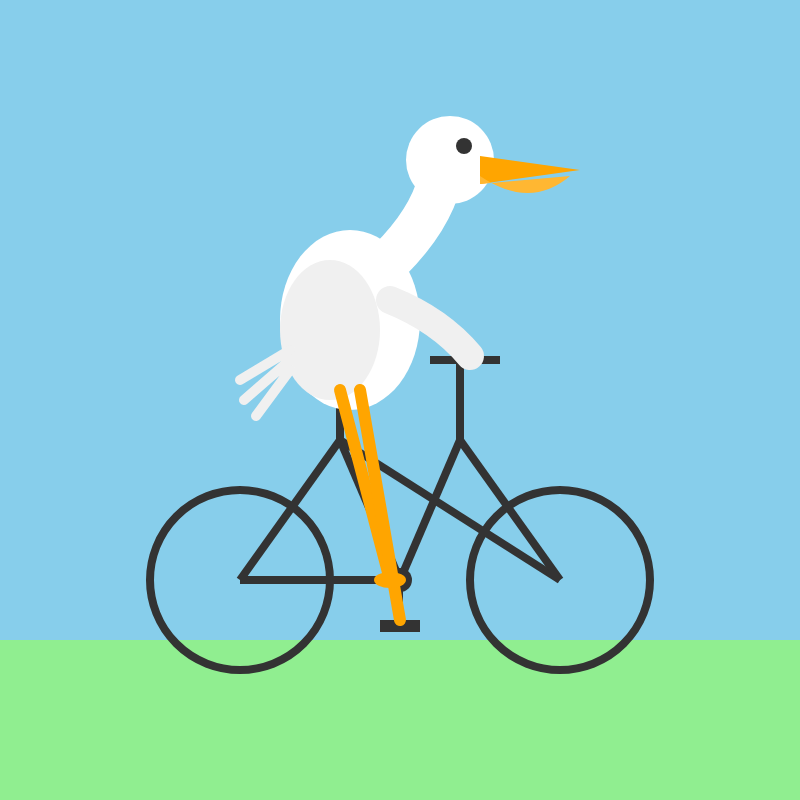 Flat-style illustration of a white egret or heron with an orange beak and legs riding a black bicycle, against a blue sky and green grass background.