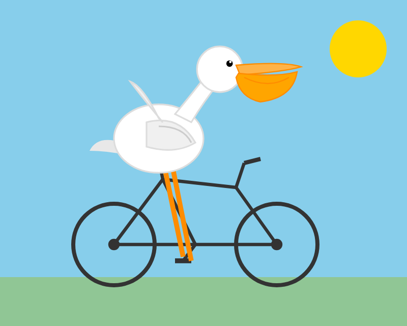Cartoon illustration of a white pelican with an orange beak riding a black bicycle, its orange legs extending down to the pedals, against a blue sky with a yellow sun and green ground.