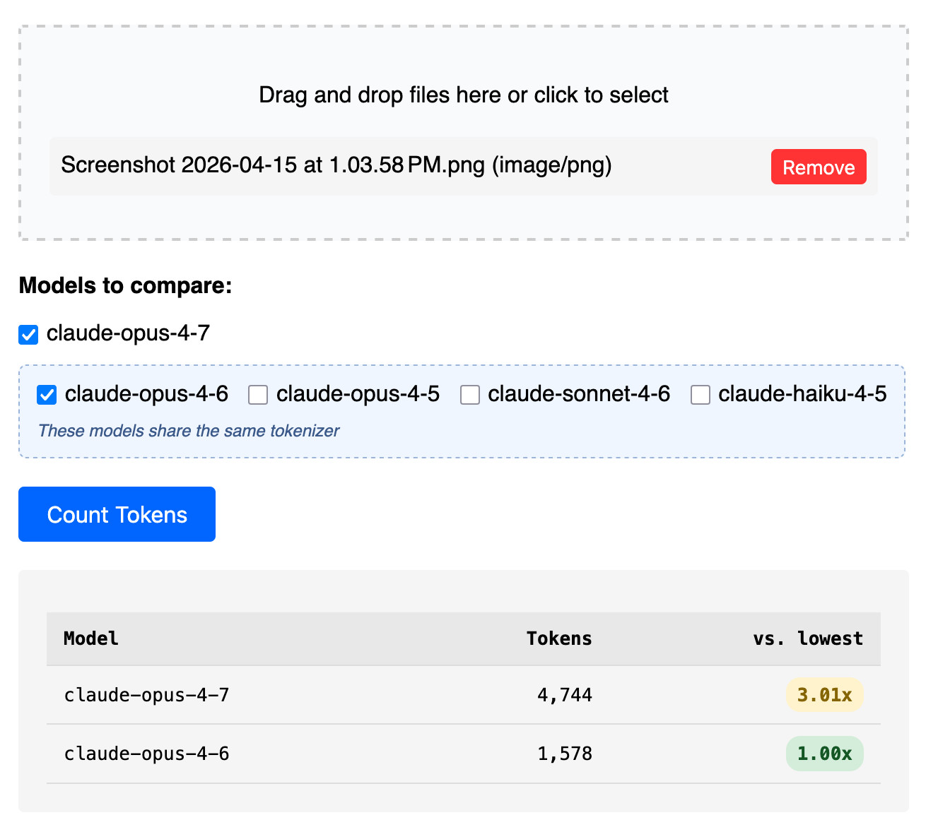 Same UI, this time with an uploaded screenshot PNG image. claude-opus-4-7: 4,744 tokens, 3.01x (yellow badge). claude-opus-4-6: 1,578 tokens, 1.00x (green badge).