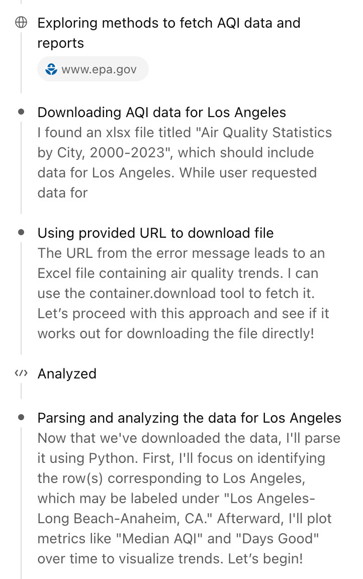 Exploring methods to fetch AQI data and reports Downloading AQI data for Los Angeles  I found an xlsx file titled "Air Quality Statistics by City, 2000-2023", which should include data for Los Angeles. While user requested data for Using provided URL to download file  The URL from the error message leads to an Excel file containing air quality trends. I can use the container.download tool to fetch it. Let’s proceed with this approach and see if it works out for downloading the file directly! Analyzed Parsing and analyzing the data for Los Angeles  Now that we've downloaded the data, I'll parse it using Python. First, I'll focus on identifying the row(s) corresponding to Los Angeles, which may be labeled under "Los Angeles-Long Beach-Anaheim, CA." Afterward, I'll plot metrics like "Median AQI" and "Days Good" over time to visualize trends. Let’s begin!