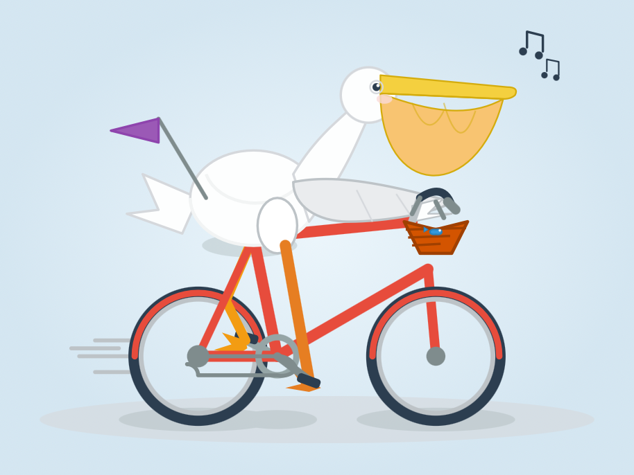 The pelican again, this time on a red bicycle against a pale blue background, with a bright yellow beak and pouch, a purple pennant flag on the back, a wicker front basket holding a small fish, and bl