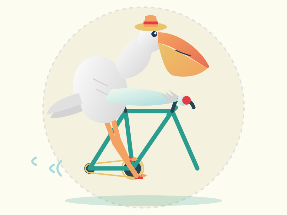 Flat vector illustration of a white pelican with a large orange beak, wearing a straw hat with an orange band, riding a teal road bicycle in profile, set against a pale cream circle with a dashed outl