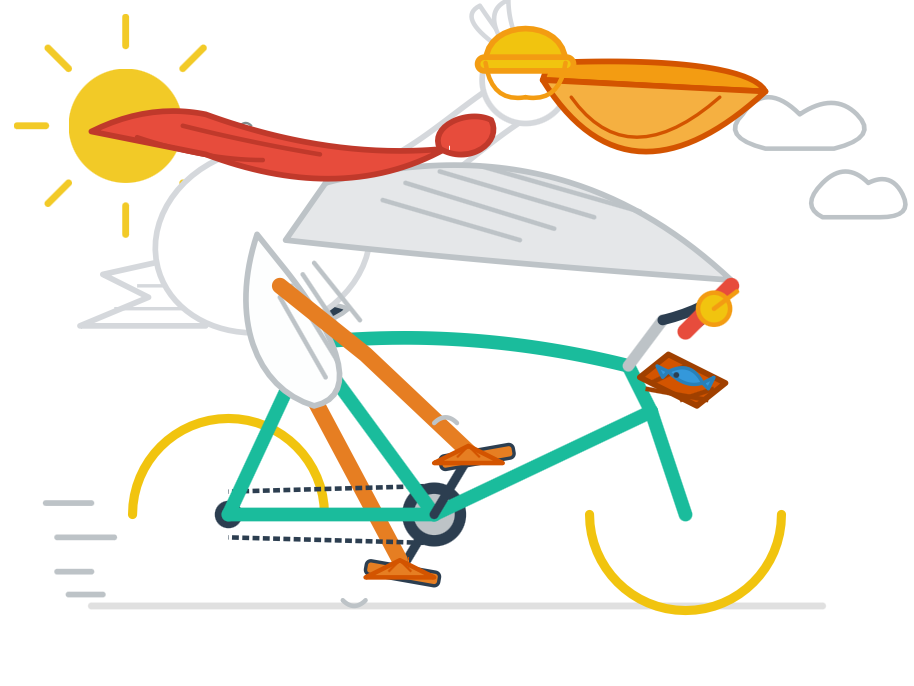 A similar cartoon pelican cycling, drawn in a looser outlined style: the bird's body is mostly white line art, its orange beak pouch hangs open under a yellow cap, a long red tongue streams backwards