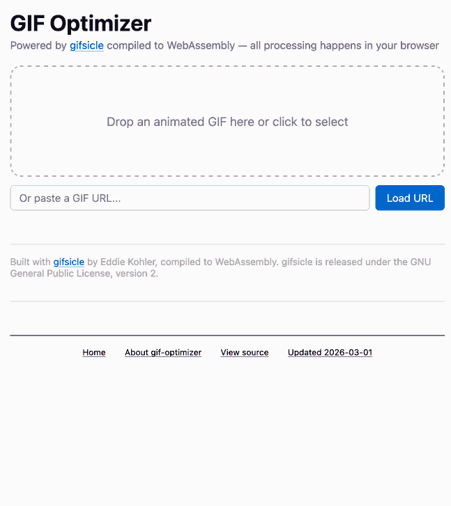 Animation. I drop on a GIF and the tool updates the page with a series of optimized versions under different settings. I eventually select Tweak settings on one of them, scroll to the bottom, adjust some sliders and download the result.