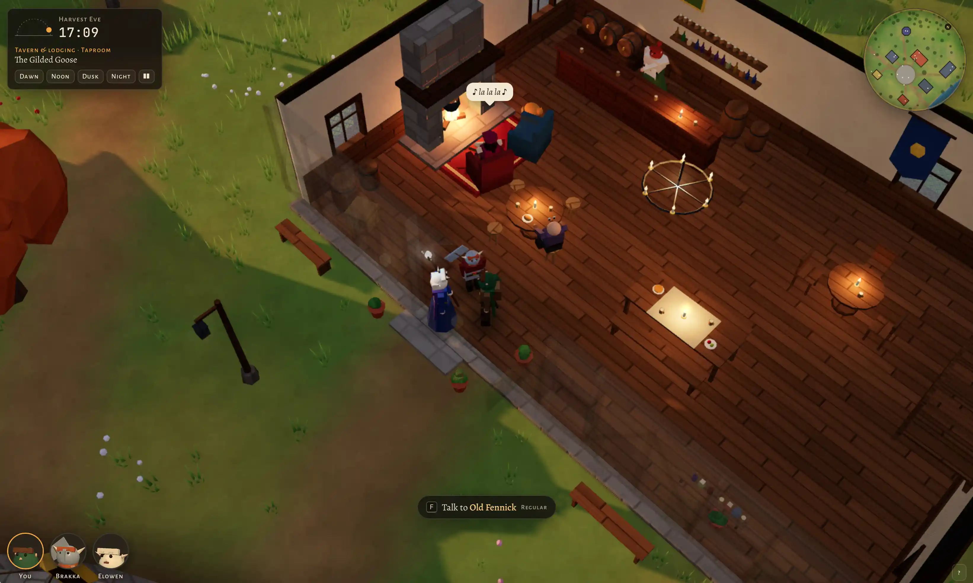 Screenshot of a low-poly 3D top-down fantasy game showing the interior of a cutaway tavern at dusk, with grass, a lamppost and benches outside. Inside, warm candlelight falls on wooden floorboards: a stone fireplace with a figure in a red armchair on a red rug, a blue armchair with an orange cat on it, a long bar with barrels and bottle shelves where a red-haired barkeep stands, a candle chandelier, a cloth-covered table, small round tables with stools and a blue banner with a gold emblem. A group of three adventurers (a white-haired figure in a blue robe, a red-armored figure with a hammer and a green-clad figure) stands just inside the doorway. Top-left panel text: "Harvest Eve" "17:09" "Tavern & lodging · Taproom" "The Gilded Goose" with buttons "Dawn" "Noon" "Dusk" "Night" and a pause button. A speech bubble above the fireplace reads "♪ la la la ♪". A circular minimap sits at top right marked "N". Bottom center prompt: "F Talk to Old Fennick Regular". Bottom-left party portraits labeled "You" "Brakka" "Elowen". A "?" button sits at bottom right.