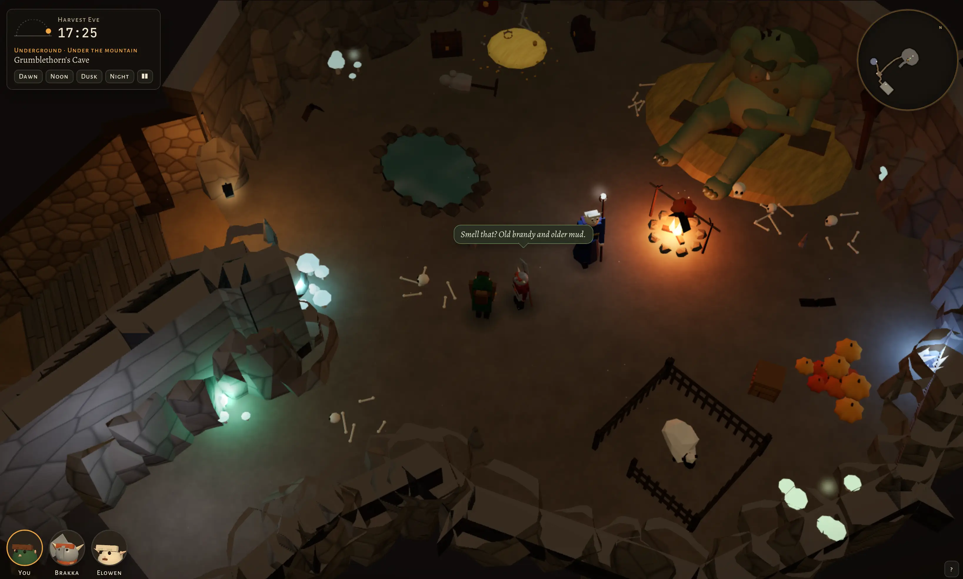 Screenshot of the same low-poly fantasy game, now in a dim underground cave lit by a campfire with a spit roast, glowing pale mushrooms and blue crystals. A huge green troll lies asleep on a straw bed at top right, surrounded by scattered bones and skulls. The cave also holds a small round pool ringed with stones, a yellow rug, chests, a fenced pen with a sheep, a pile of orange pumpkins and a stone stair down the left side. The party stands in the center: the green-clad figure and the red-armored figure facing the blue-robed figure holding a glowing staff by the fire, who says in a speech bubble "Smell that? Old brandy and older mud." The location panel reads "Harvest Eve" "17:25" "Underground · Under the mountain" "Grumblethorn's Cave".