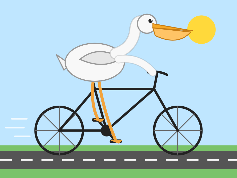 Minimalist flat illustration of a white pelican with an orange beak riding a black bicycle, its orange legs pedaling, with motion lines behind it on a light blue background.