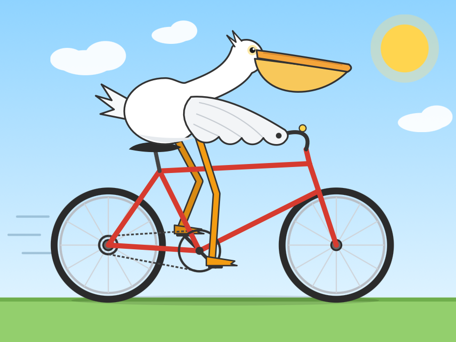 Minimalist flat illustration of a white pelican with an orange beak riding a black bicycle to the left, its orange legs pedaling, with motion lines behind it on a light blue background.