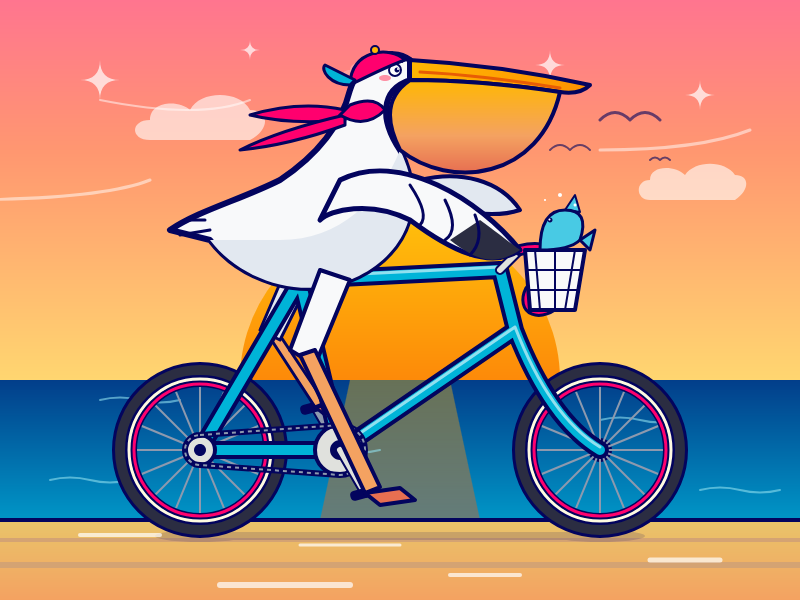 This alt text also generated by Gemini 3 Deep Think: A highly detailed, colorful, flat vector illustration with thick dark blue outlines depicting a stylized white pelican riding a bright cyan blue bicycle from left to right across a sandy beige beach with white speed lines indicating forward motion. The pelican features a light blue eye, a pink cheek blush, a massive bill with a vertical gradient from yellow to orange, a backward magenta cap with a cyan brim and a small yellow top button, and a matching magenta scarf blowing backward in the wind. Its white wing, accented with a grey mid-section and dark blue feather tips, reaches forward to grip the handlebars, while its long tan leg and orange foot press down on an orange pedal. Attached to the front handlebars is a white wire basket carrying a bright blue cartoon fish that is pointing upwards and forwards. The bicycle itself has a cyan frame, dark blue tires, striking neon pink inner rims, cyan spokes, a white front chainring, and a dark blue chain. Behind the pelican, a grey trapezoidal pier extends from the sand toward a horizontal band of deep blue ocean water detailed with light cyan wavy lines. A massive, solid yellow-orange semi-circle sun sits on the horizon line, setting directly behind the bicycle frame. The background sky is a smooth vertical gradient transitioning from soft pink at the top to warm golden-yellow at the horizon, decorated with stylized pale peach fluffy clouds, thin white horizontal wind streaks, twinkling four-pointed white stars, and small brown v-shaped silhouettes of distant flying birds.