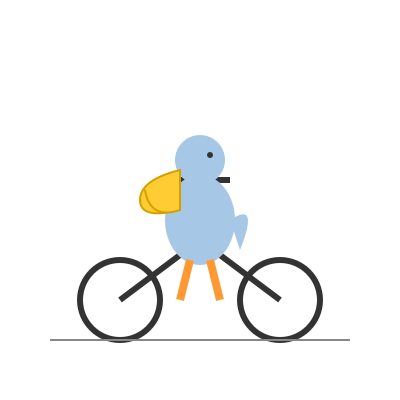 A minimalist graphic of a light blue round bird with a single black dot for an eye, wearing a yellow backpack and riding a black bicycle on a flat grey line.
