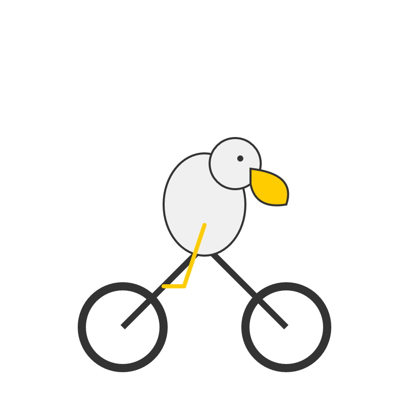A minimalist digital illustration of a light blue bird wearing a yellow backpack while riding a bicycle.