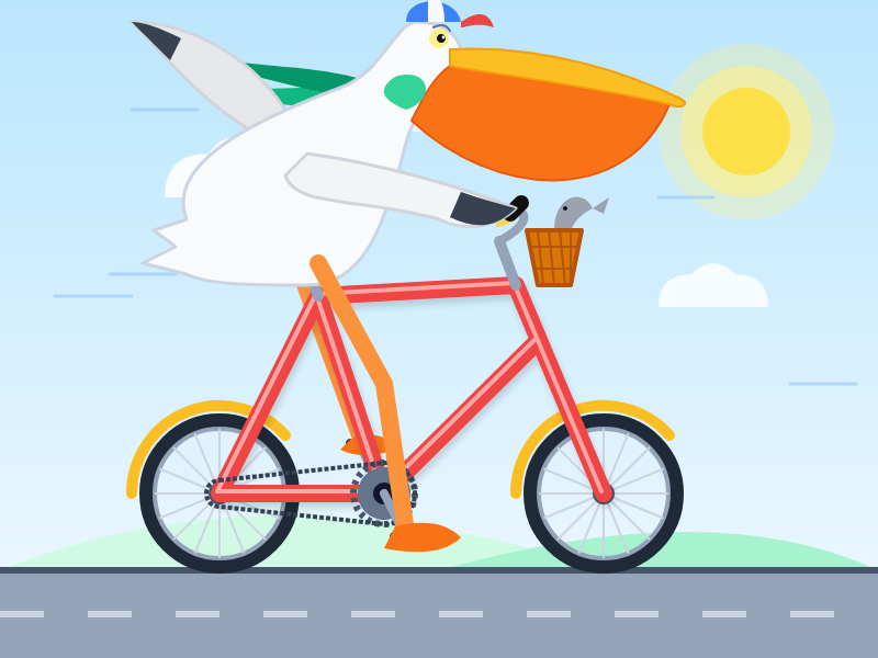 Whimsical flat-style illustration of a pelican wearing a blue and white baseball cap, riding a red bicycle with yellow-rimmed wheels along a road. The pelican has a large orange bill and a green scarf. A small fish peeks out of a brown basket on the handlebars. The background features a light blue sky with a yellow sun, white clouds, and green hills.