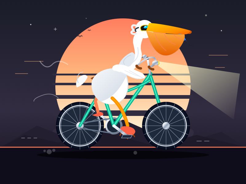 Black background, bats in the sky against a stylized moon. Pelican is funky looking. Very good beak. Bicycle frame is a bit twisted, and the bar from pedals to back wheel is missing. Bike lamp illuminates the road in front. Quite stylish.
