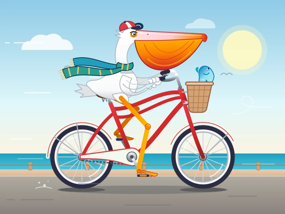 Stylish, accurate bicycle frame. Fish in the basket. Snazzy scarf. Feet on either side of the frame touching the pedals. Spokes, a little hat, a good beak and pouch, a somewhat fierce expression.