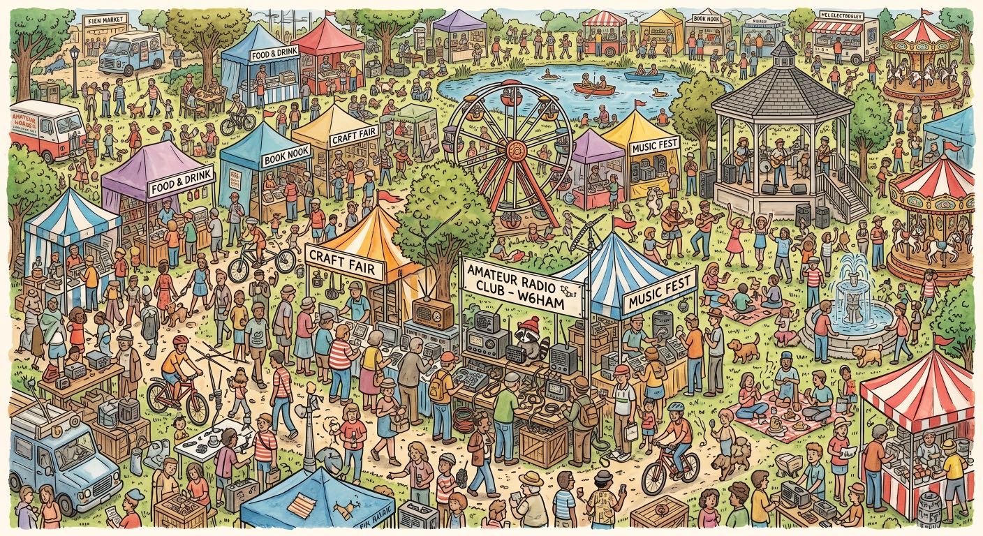 Busy Where's Waldo-style illustration of a park festival with crowds of people, tents labeled "FOOD & DRINK", "CRAFT FAIR", "BOOK NOOK", "MUSIC FEST", and "AMATEUR RADIO CLUB - W6HAM" (featuring a raccoon in a red hat at the radio table), plus a Ferris wheel, carousel, gazebo with band, pond with boats, fountain, food trucks, and striped circus tents